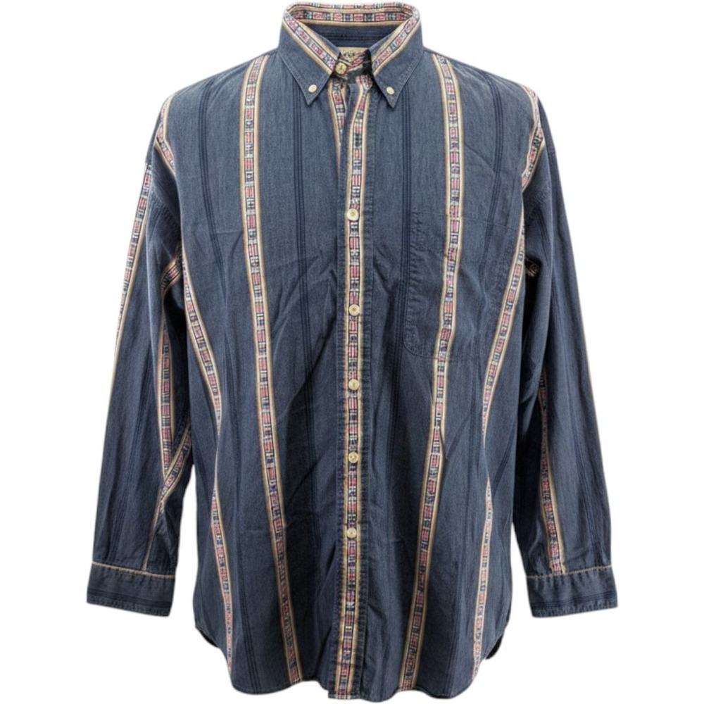 Chaps Ralph‎ Lauren Mens Blue Striped Americana Flag RL Logo Shirt Large VINTAGE